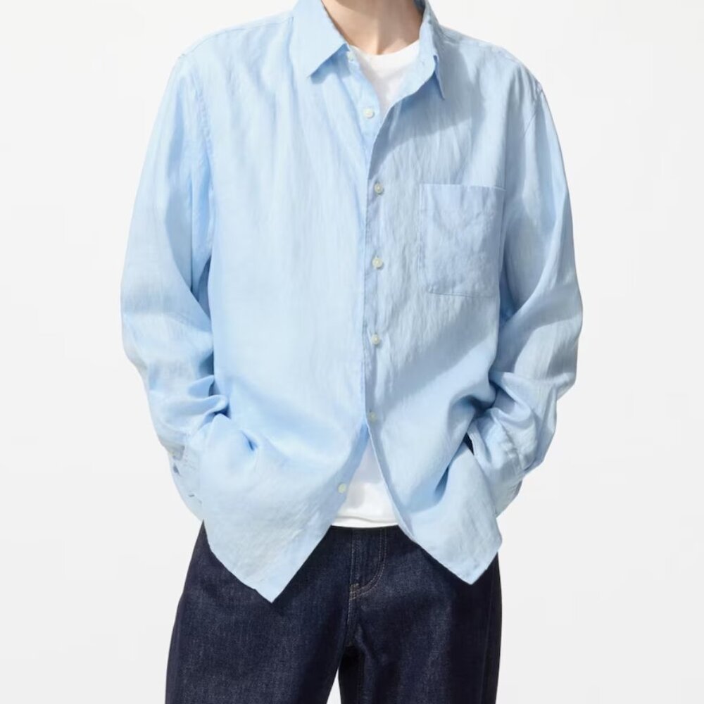 Uniqlo Linen Shirt Classic Fit Light Blue Shirt, Size XL